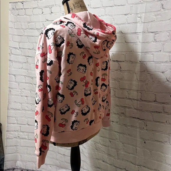 Betty Boop Fleischer Pink Zip Hoodie with Cartoon and Cherry Print front pockets - Picture 3 of 8